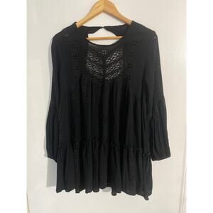 Free People tunic top women’s S black cotton embroidered boho hippie whimsigoth